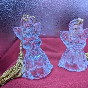 Gorham Vintage German Pair Crystal Angels with Horn And Lantern 3" Tall